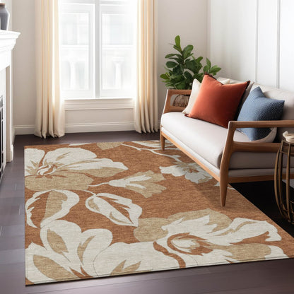 9' X 12' Terra Cotta And Beige Floral Washable Indoor Outdoor Area Rug