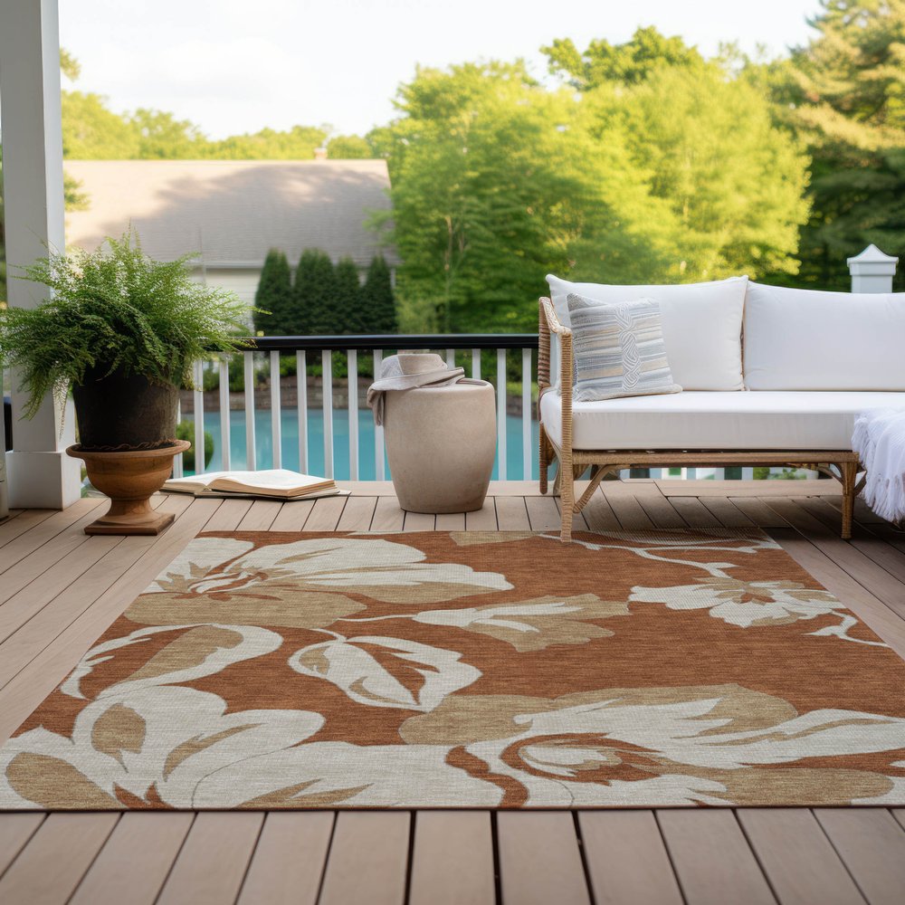 9' X 12' Terra Cotta And Beige Floral Washable Indoor Outdoor Area Rug