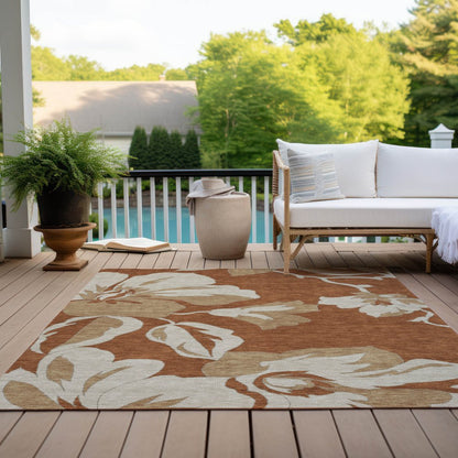 9' X 12' Terra Cotta And Beige Floral Washable Indoor Outdoor Area Rug