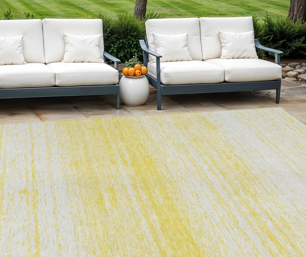 9' X 12' Yellow And Ivory Striped Washable Indoor Outdoor Area Rug