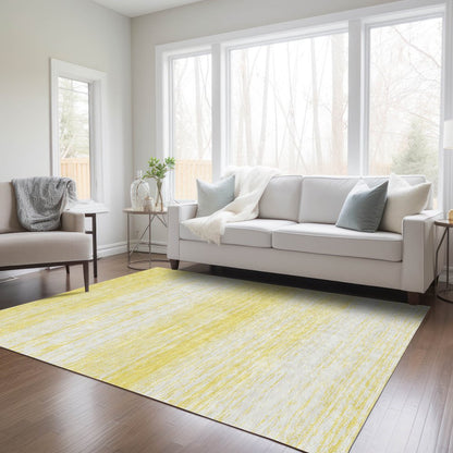 9' X 12' Yellow And Ivory Striped Washable Indoor Outdoor Area Rug