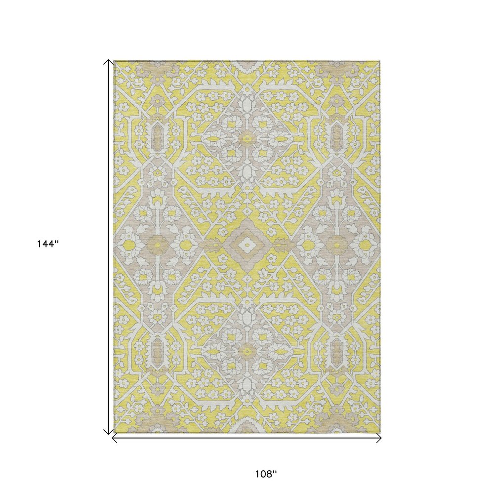 9' X 12' Yellow Ivory And Beige Floral Washable Indoor Outdoor Area Rug