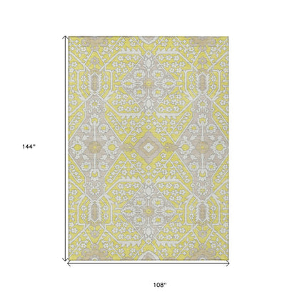 9' X 12' Yellow Ivory And Beige Floral Washable Indoor Outdoor Area Rug