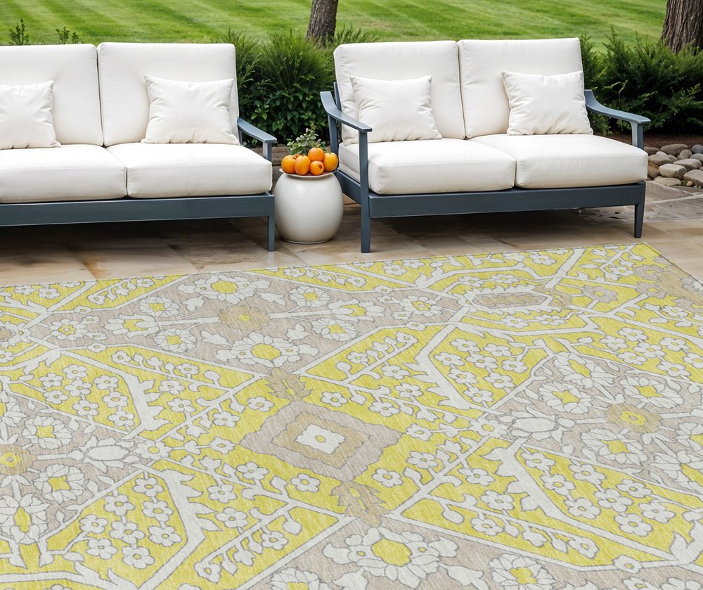 9' X 12' Yellow Ivory And Beige Floral Washable Indoor Outdoor Area Rug