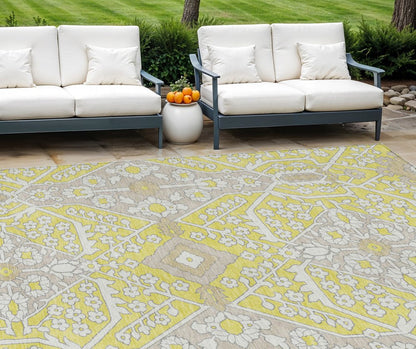 9' X 12' Yellow Ivory And Beige Floral Washable Indoor Outdoor Area Rug
