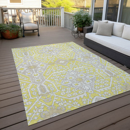 9' X 12' Yellow Ivory And Beige Floral Washable Indoor Outdoor Area Rug