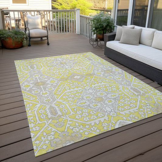 9' X 12' Yellow Ivory And Beige Floral Washable Indoor Outdoor Area Rug