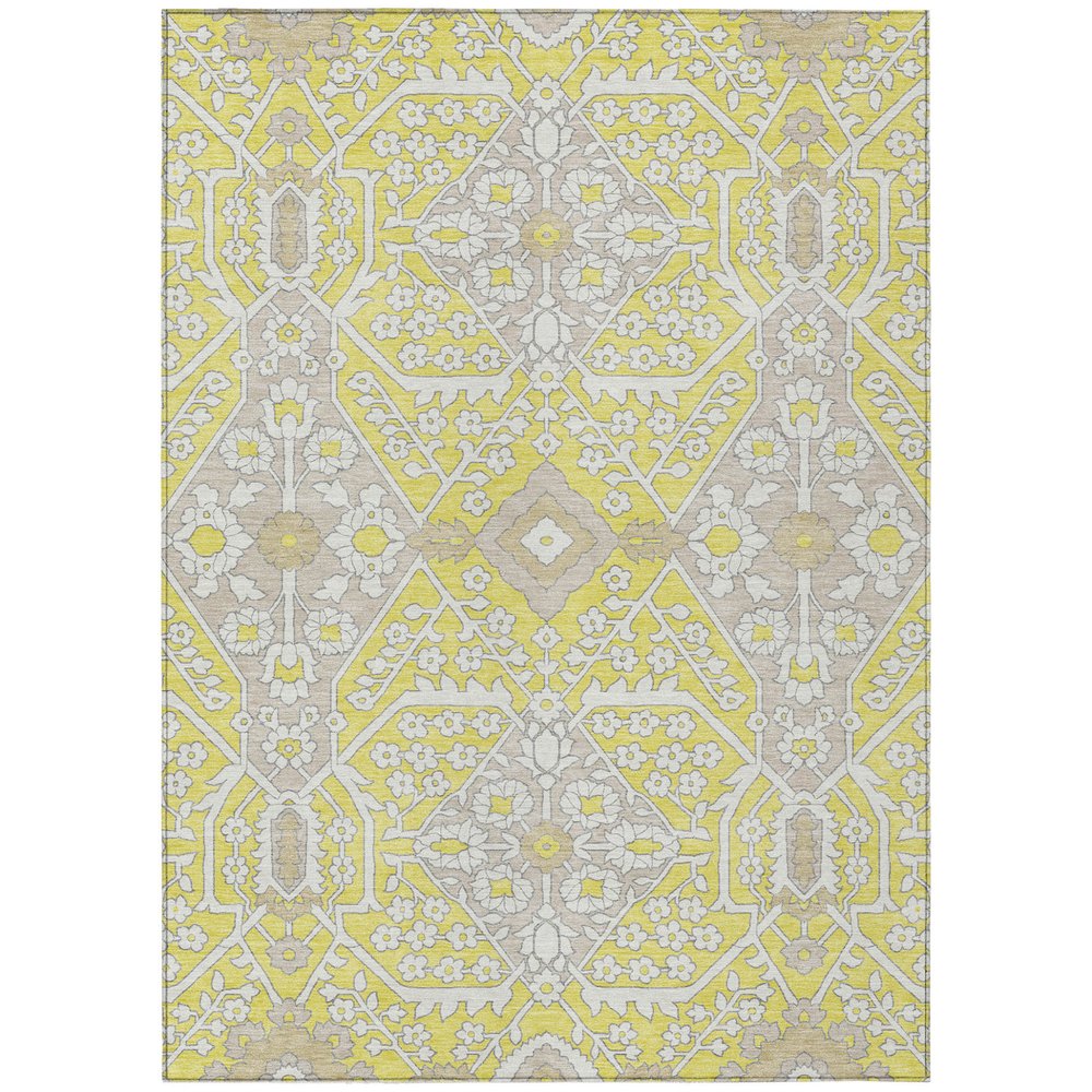 9' X 12' Yellow Ivory And Beige Floral Washable Indoor Outdoor Area Rug