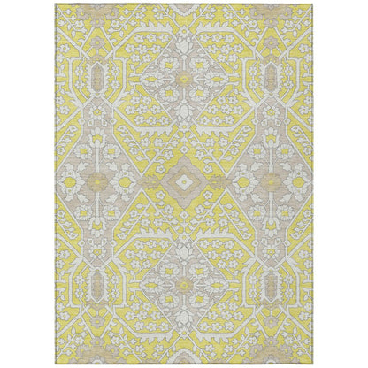 9' X 12' Yellow Ivory And Beige Floral Washable Indoor Outdoor Area Rug