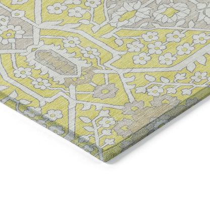 9' X 12' Yellow Ivory And Beige Floral Washable Indoor Outdoor Area Rug