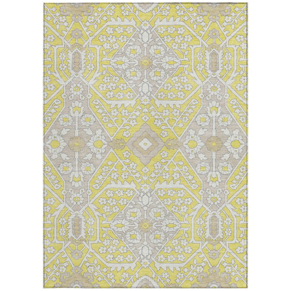 9' X 12' Yellow Ivory And Beige Floral Washable Indoor Outdoor Area Rug