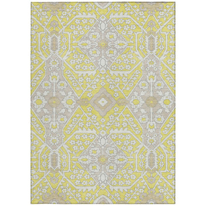 9' X 12' Yellow Ivory And Beige Floral Washable Indoor Outdoor Area Rug