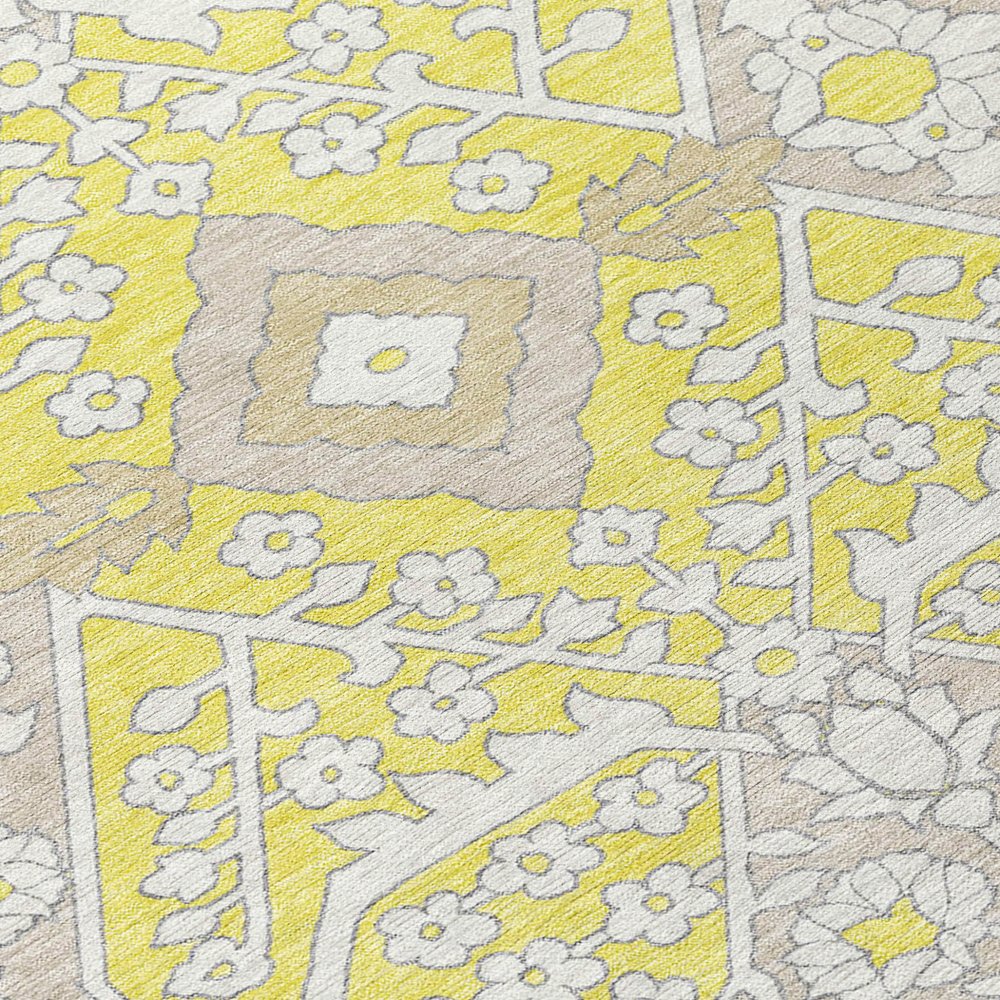 9' X 12' Yellow Ivory And Beige Floral Washable Indoor Outdoor Area Rug