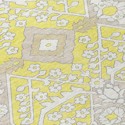 9' X 12' Yellow Ivory And Beige Floral Washable Indoor Outdoor Area Rug