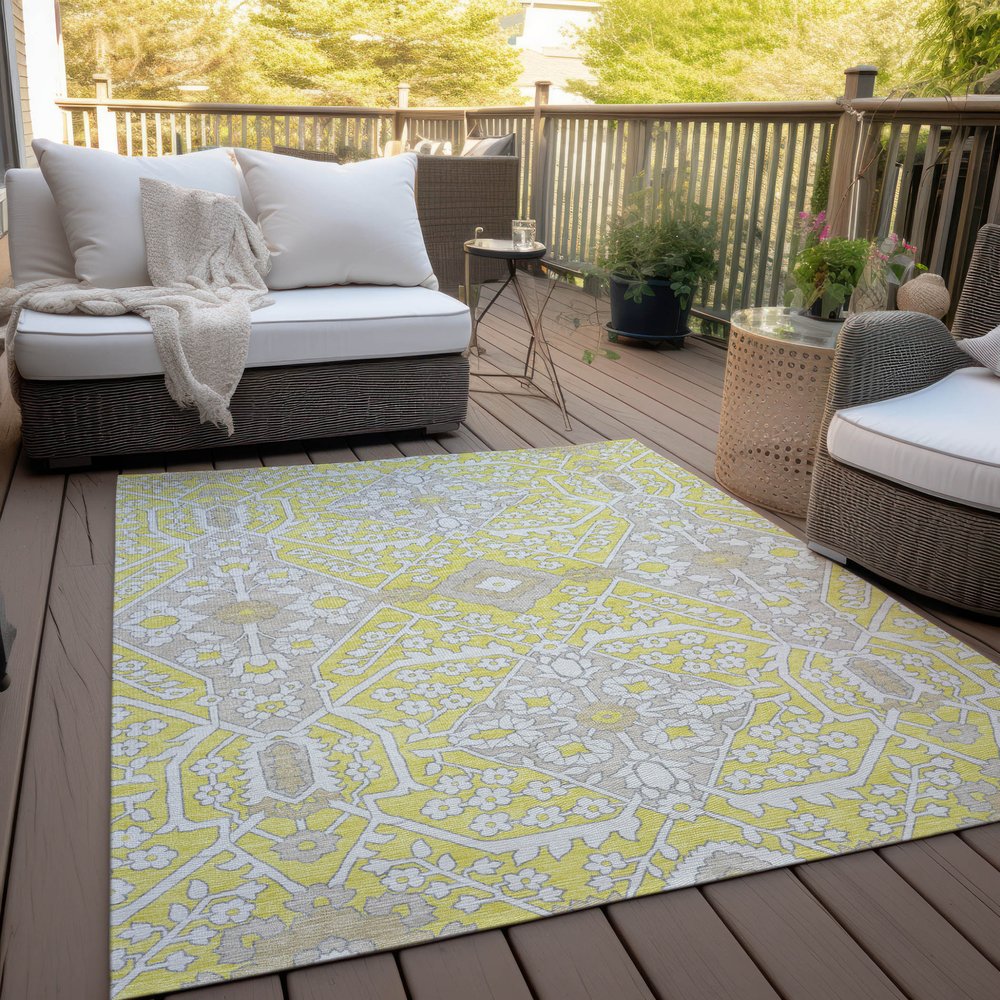 9' X 12' Yellow Ivory And Beige Floral Washable Indoor Outdoor Area Rug