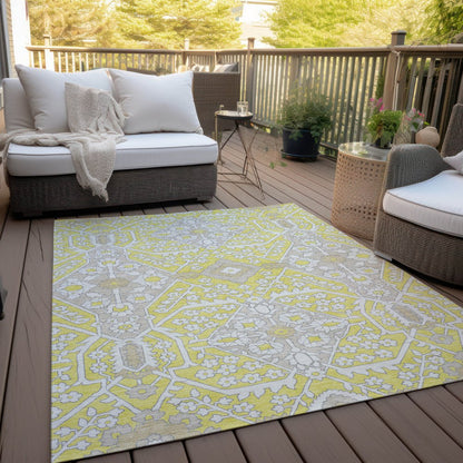 9' X 12' Yellow Ivory And Beige Floral Washable Indoor Outdoor Area Rug