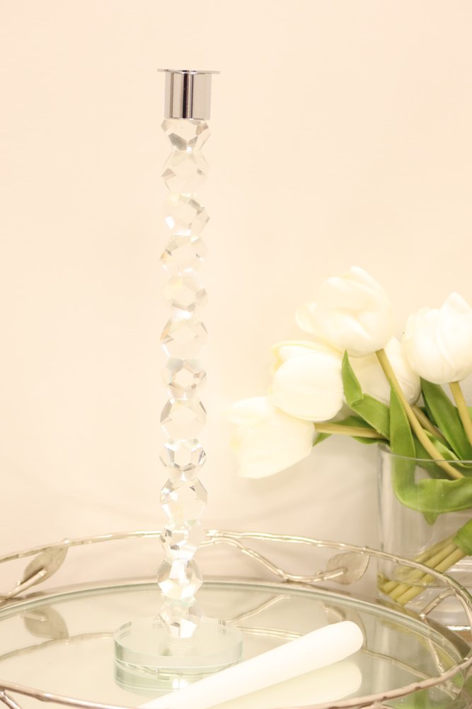 14" Clear And Silver Geo Stacks Crystal Tabletop Taper Candlestick