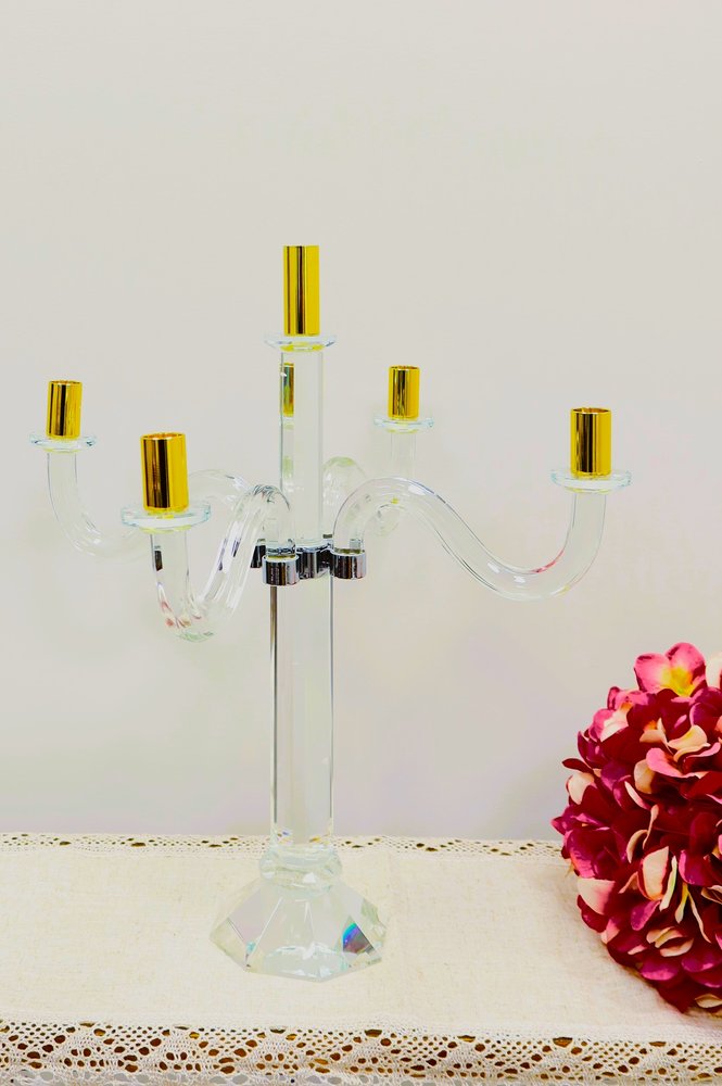 20" Clear Silver And Gold Crystal Tabletop Candelabra Candle Holder