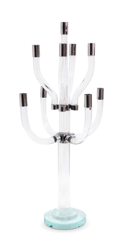23" Clear And Silver Crystal Tabletop Candelabra Candle Holder