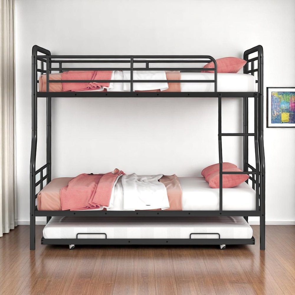 Litera contemporánea de metal color negro tamaño full XL sobre queen con cama nido