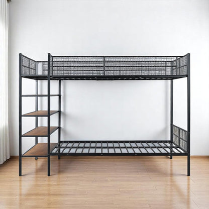 Litera industrial de metal negra con dos camas individuales y estantes
