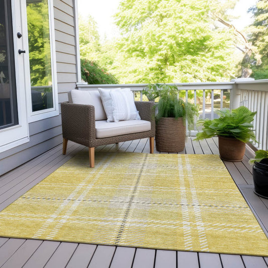 9' X 12' Yellow Black And Ivory Plaid Washable Indoor Outdoor Area Rug