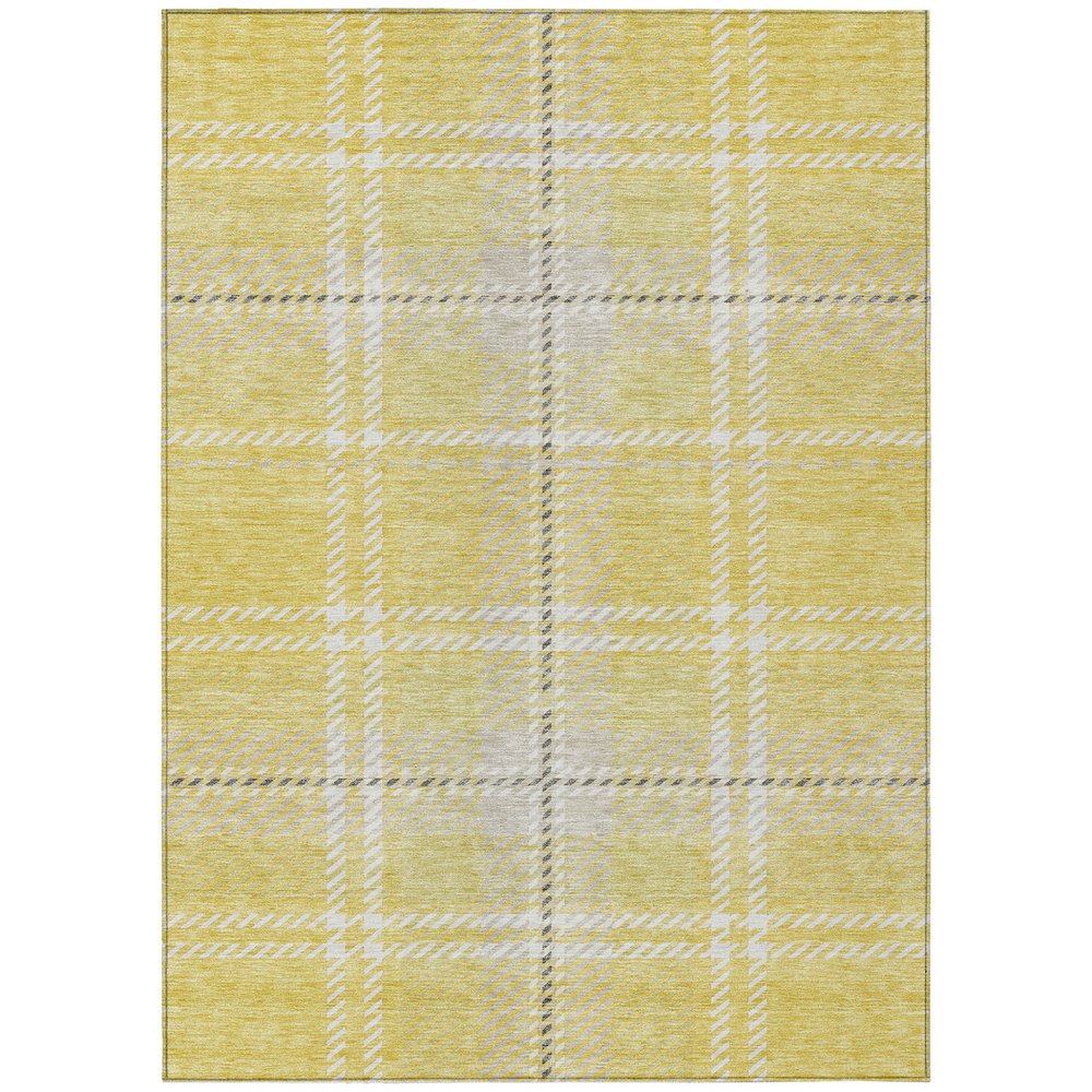 9' X 12' Yellow Black And Ivory Plaid Washable Indoor Outdoor Area Rug