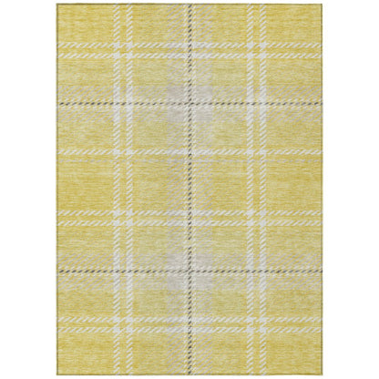 9' X 12' Yellow Black And Ivory Plaid Washable Indoor Outdoor Area Rug