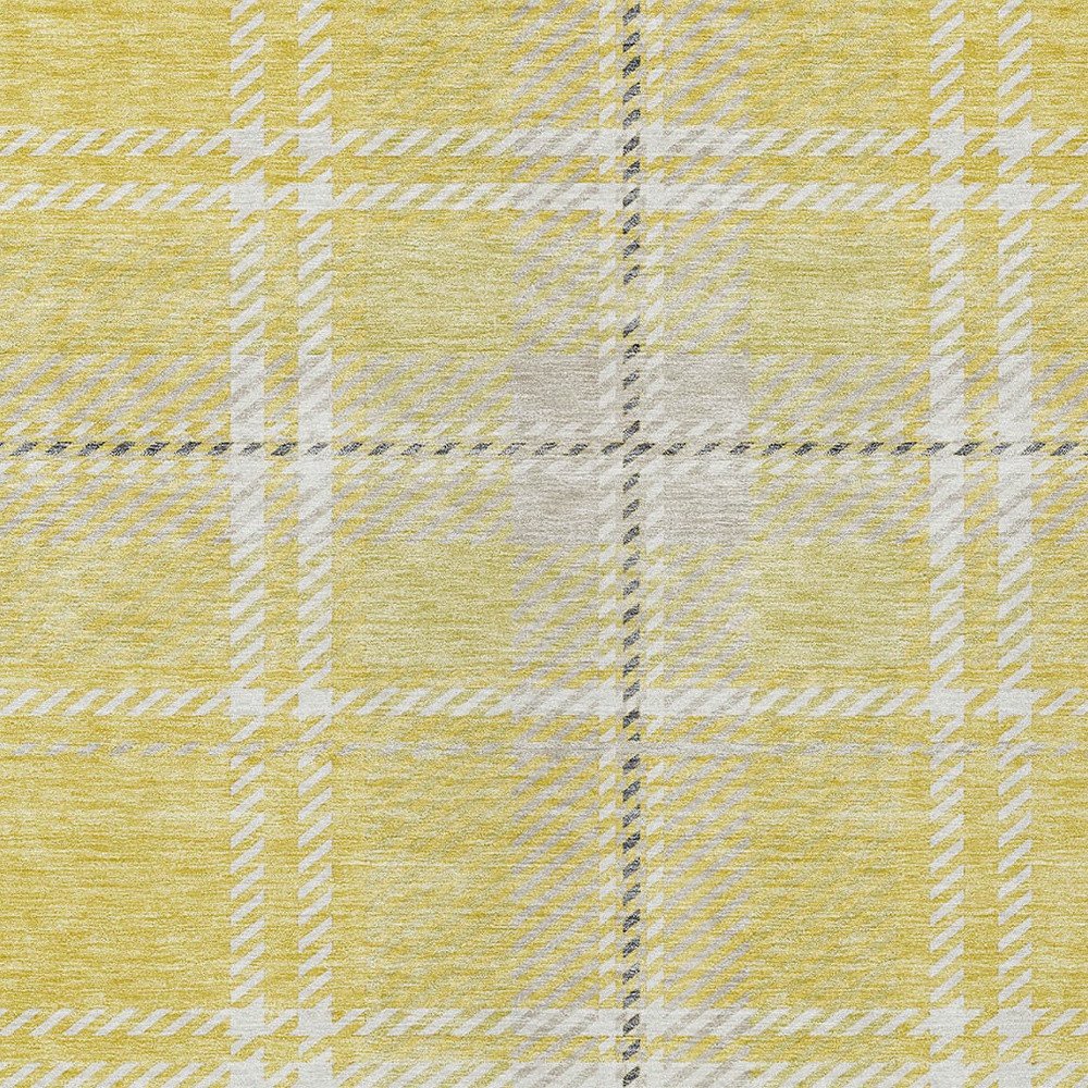 9' X 12' Yellow Black And Ivory Plaid Washable Indoor Outdoor Area Rug