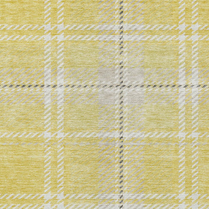 9' X 12' Yellow Black And Ivory Plaid Washable Indoor Outdoor Area Rug