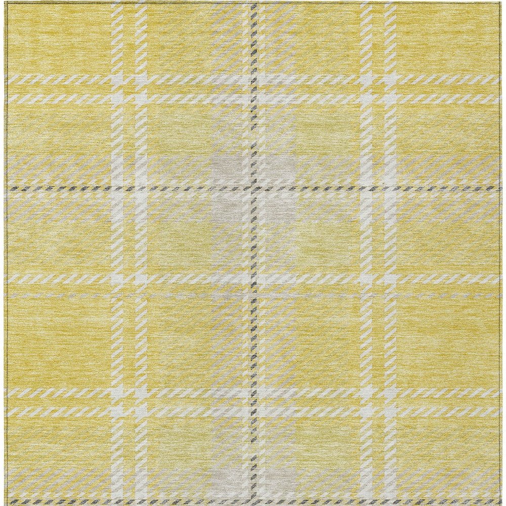 9' X 12' Yellow Black And Ivory Plaid Washable Indoor Outdoor Area Rug