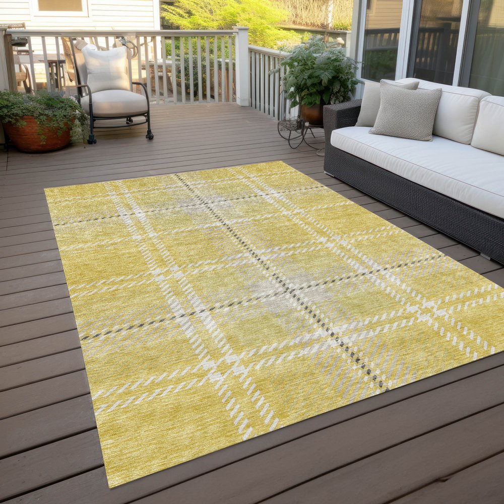 9' X 12' Yellow Black And Ivory Plaid Washable Indoor Outdoor Area Rug