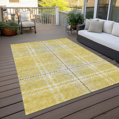 9' X 12' Yellow Black And Ivory Plaid Washable Indoor Outdoor Area Rug