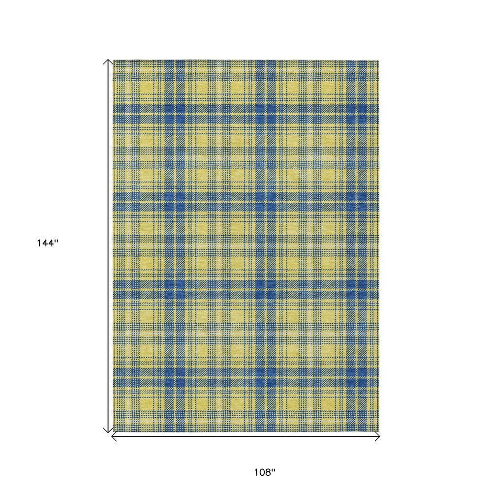 9' X 12' Yellow Blue And Ivory Plaid Washable Indoor Outdoor Area Rug