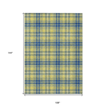 9' X 12' Yellow Blue And Ivory Plaid Washable Indoor Outdoor Area Rug