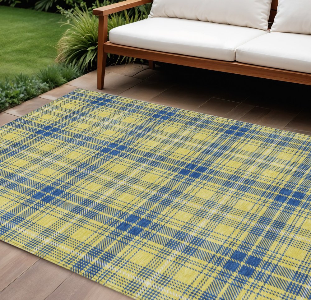 9' X 12' Yellow Blue And Ivory Plaid Washable Indoor Outdoor Area Rug