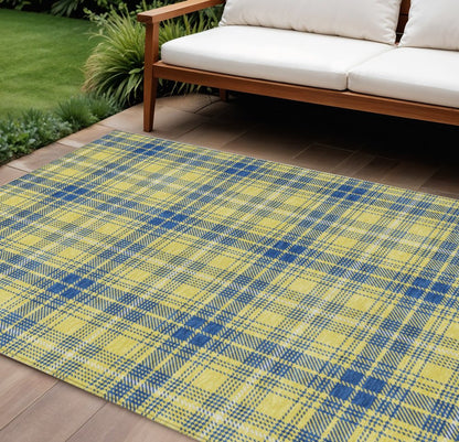 9' X 12' Yellow Blue And Ivory Plaid Washable Indoor Outdoor Area Rug