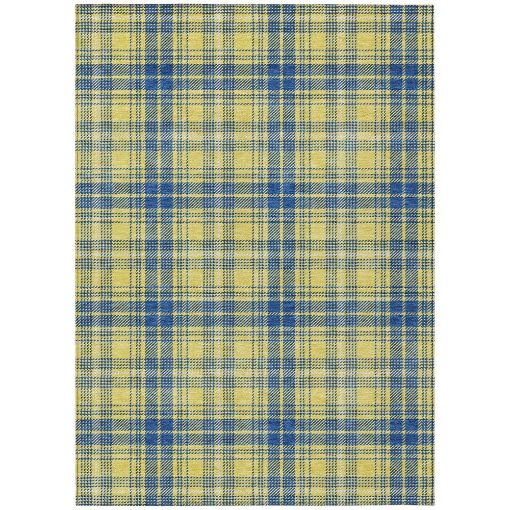 9' X 12' Yellow Blue And Ivory Plaid Washable Indoor Outdoor Area Rug