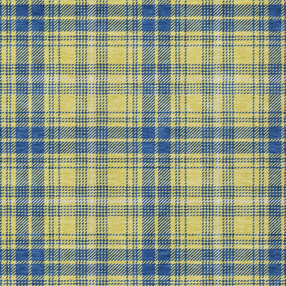 9' X 12' Yellow Blue And Ivory Plaid Washable Indoor Outdoor Area Rug