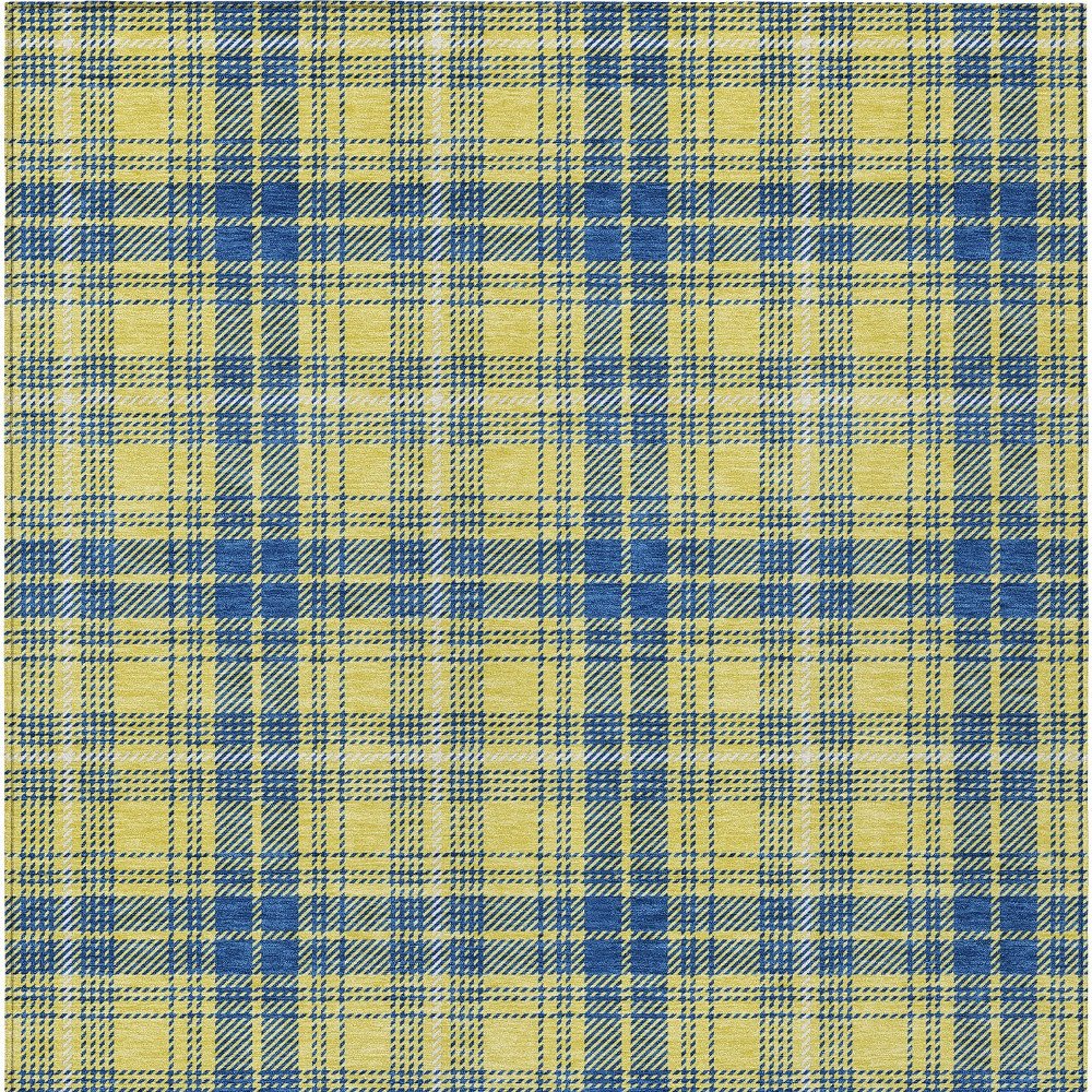 9' X 12' Yellow Blue And Ivory Plaid Washable Indoor Outdoor Area Rug