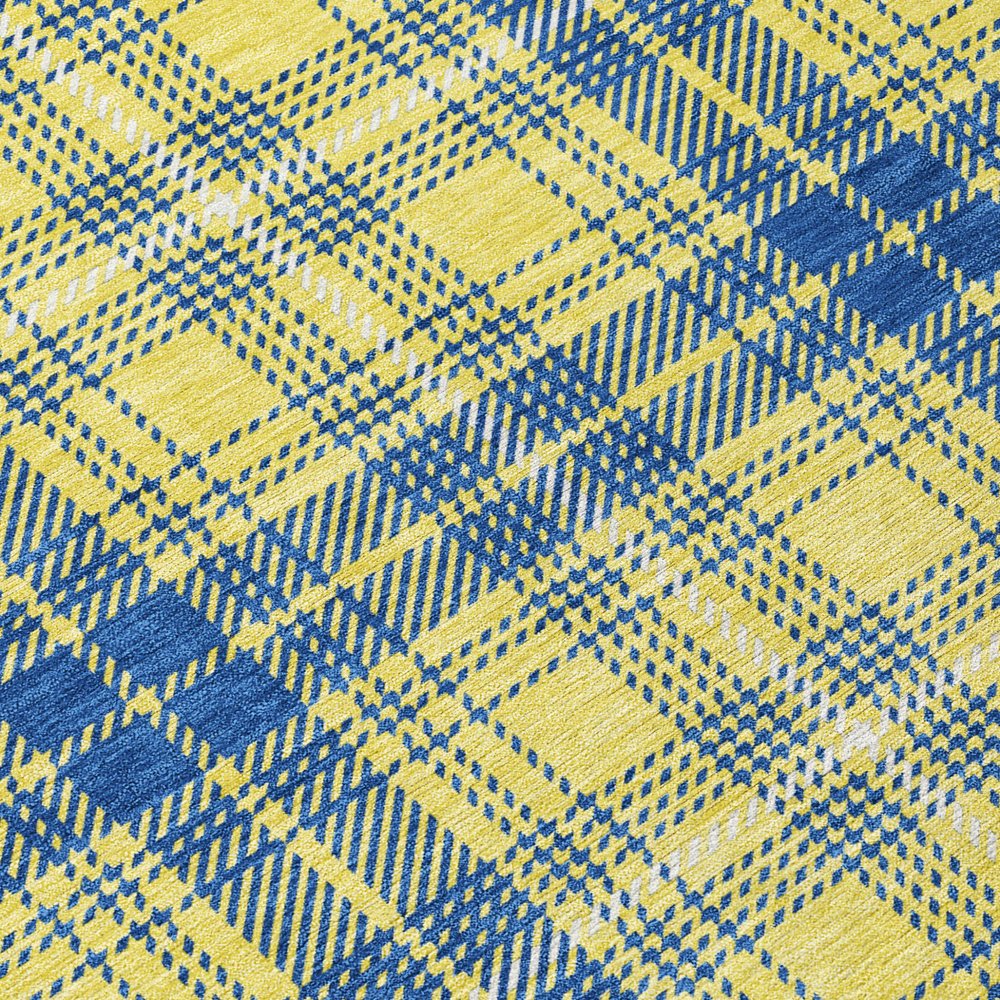9' X 12' Yellow Blue And Ivory Plaid Washable Indoor Outdoor Area Rug