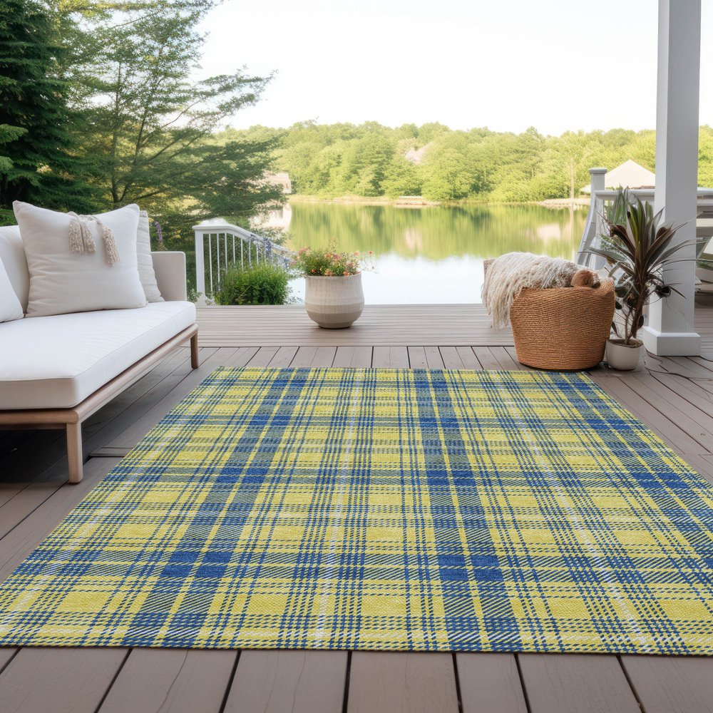 9' X 12' Yellow Blue And Ivory Plaid Washable Indoor Outdoor Area Rug