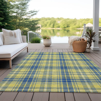 9' X 12' Yellow Blue And Ivory Plaid Washable Indoor Outdoor Area Rug