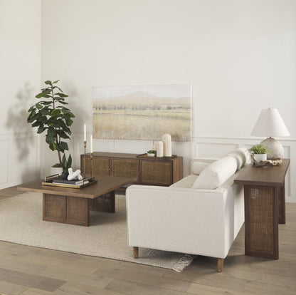 42" Brown and Natural Solid Wood and Wicker Square Double Pedestal Coffee Table