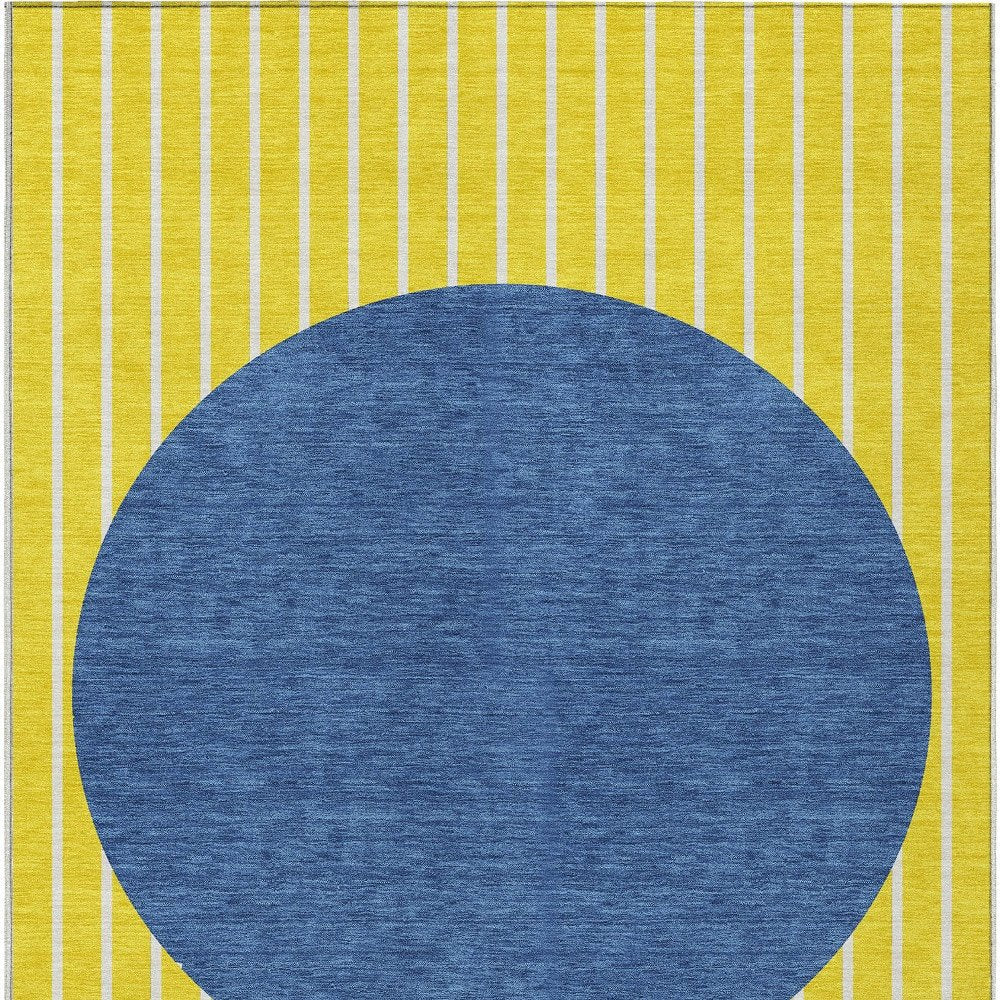9' X 12' Yellow And Blue Striped Washable Indoor Outdoor Area Rug