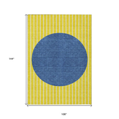 9' X 12' Yellow And Blue Striped Washable Indoor Outdoor Area Rug