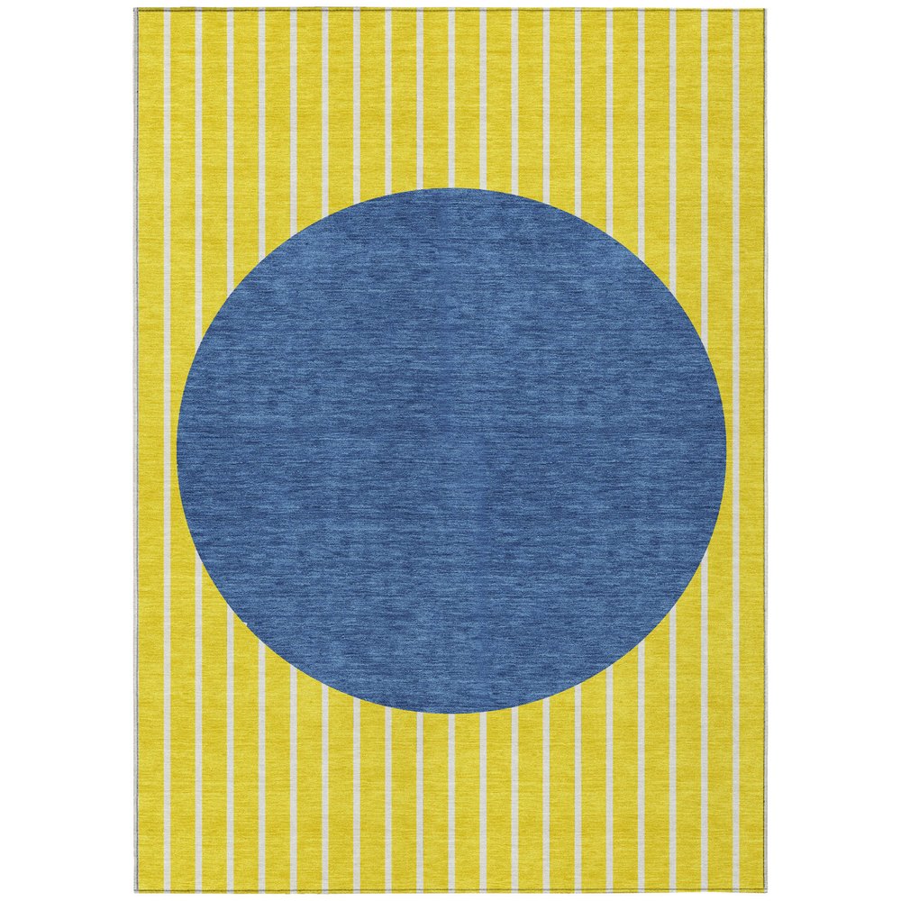 9' X 12' Yellow And Blue Striped Washable Indoor Outdoor Area Rug
