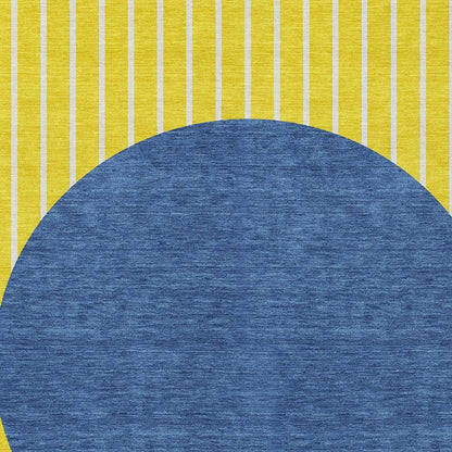 9' X 12' Yellow And Blue Striped Washable Indoor Outdoor Area Rug