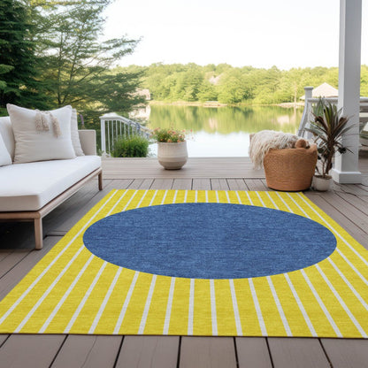 9' X 12' Yellow And Blue Striped Washable Indoor Outdoor Area Rug