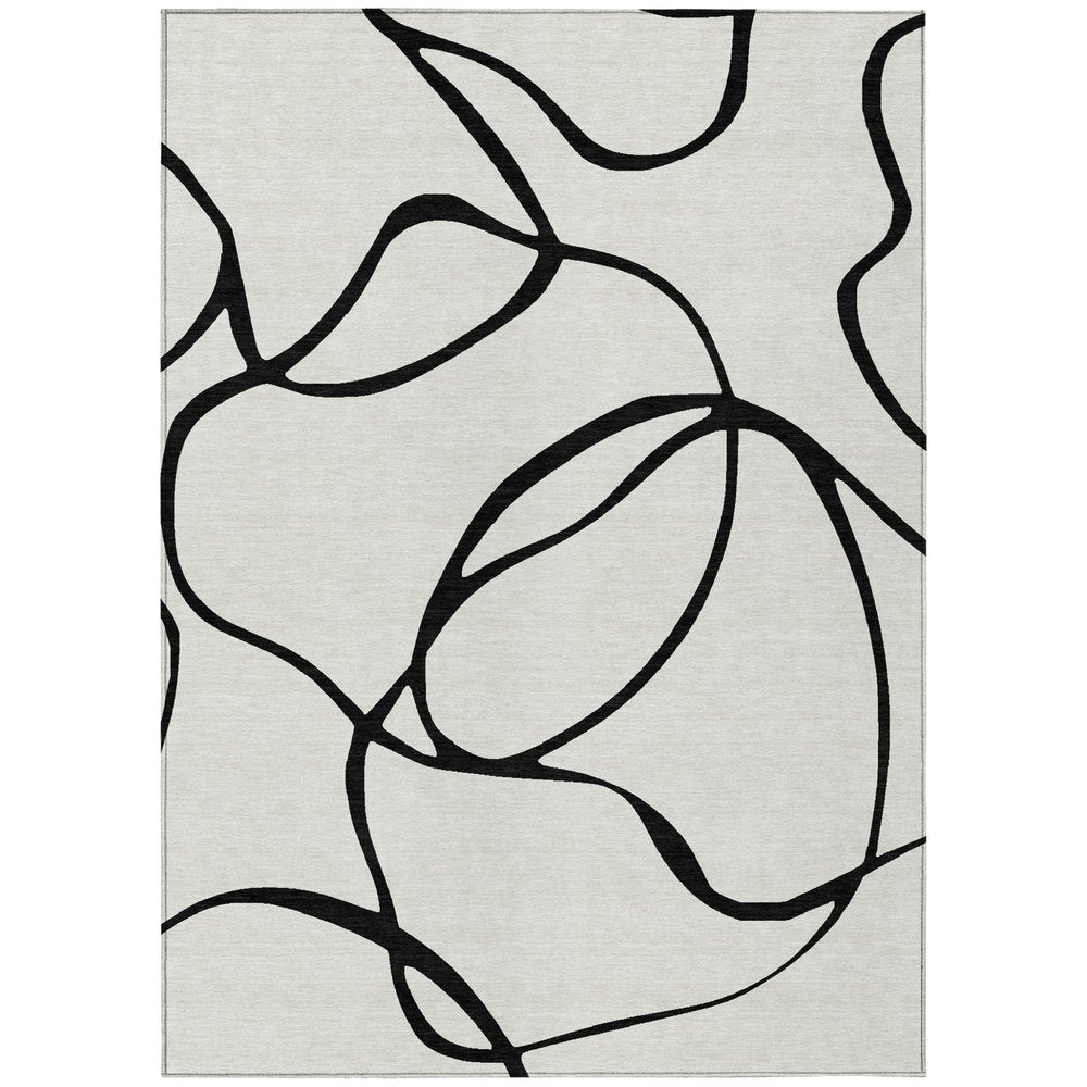 9' X 12' White And Black Abstract Washable Indoor Outdoor Area Rug
